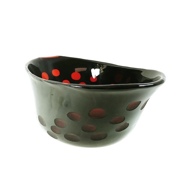 Art Glass Oval Bowl Hand Blown Pontil Mark Ruby Red Transparent Etched Circles - Picture 10 of 10